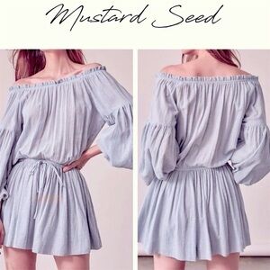 NWT Mustard seed Open Shoulder sage Waist Tie mini Dress, peasant sleeve, sz S